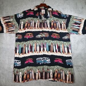 Island Collection Hawaiian Shirt Men's 2XL Woody VW Bus Rayon Black
